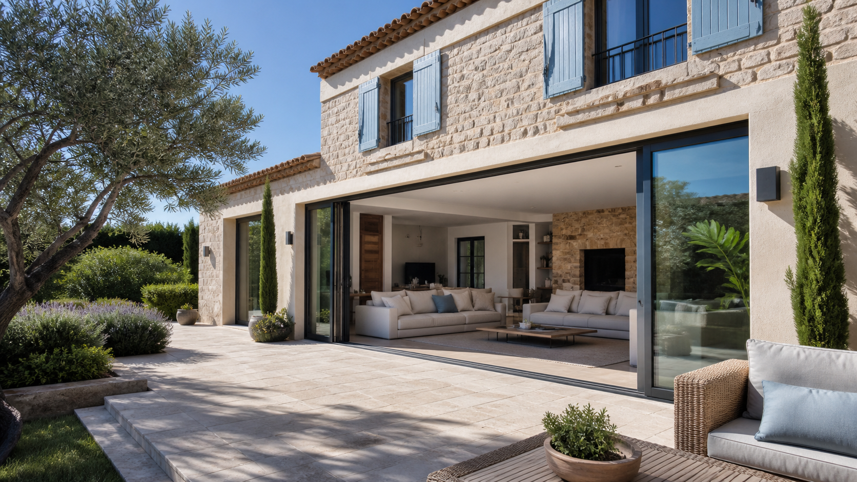 Grande baie vitrée coulissante ouverte sur une terrasse provençale