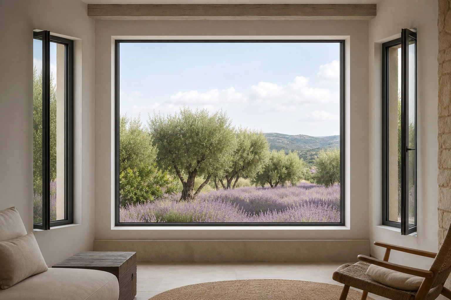 Grande fenêtre aluminium donnant sur un paysage d’oliviers et de lavande