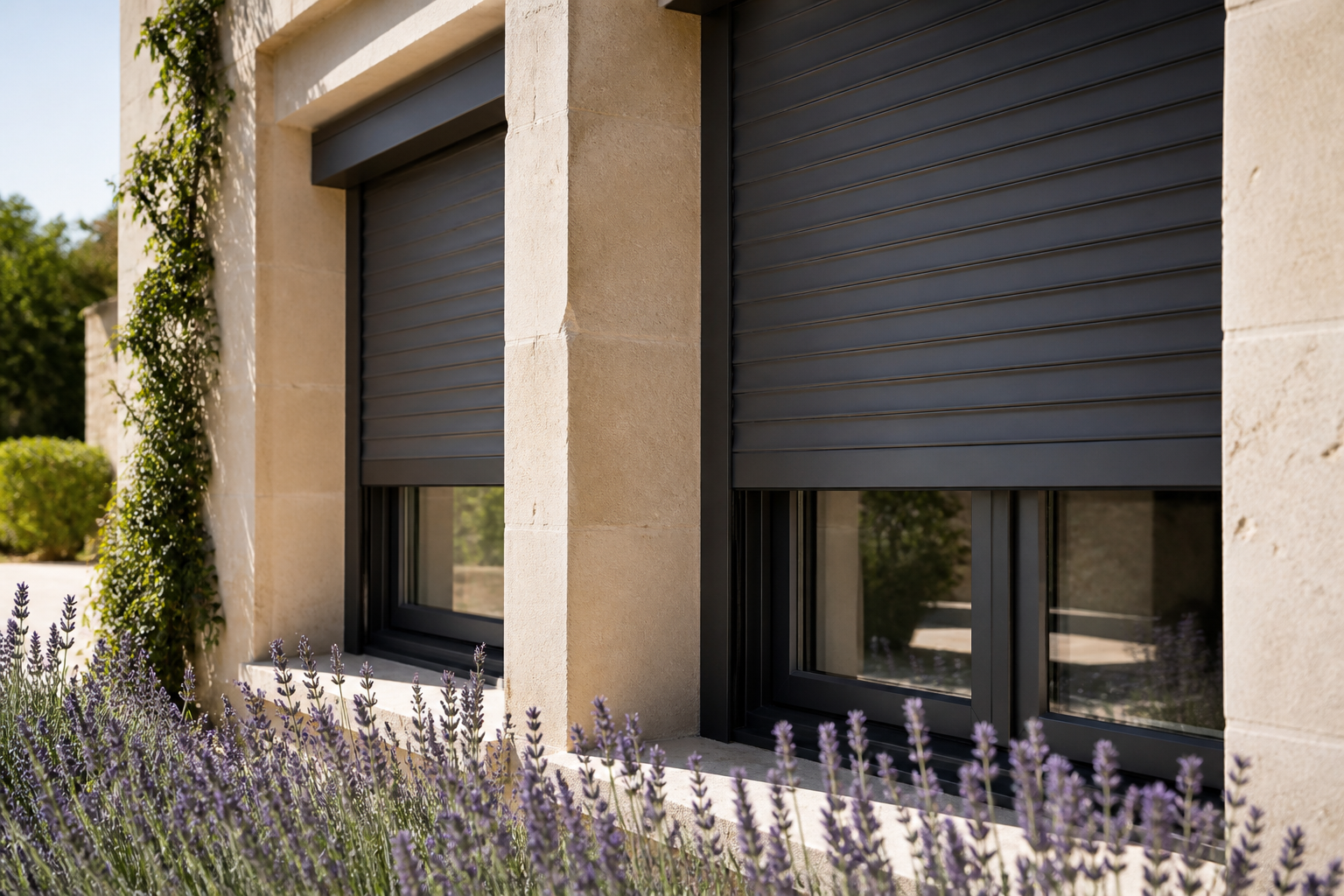 Volets roulants anthracite sur une façade provençale