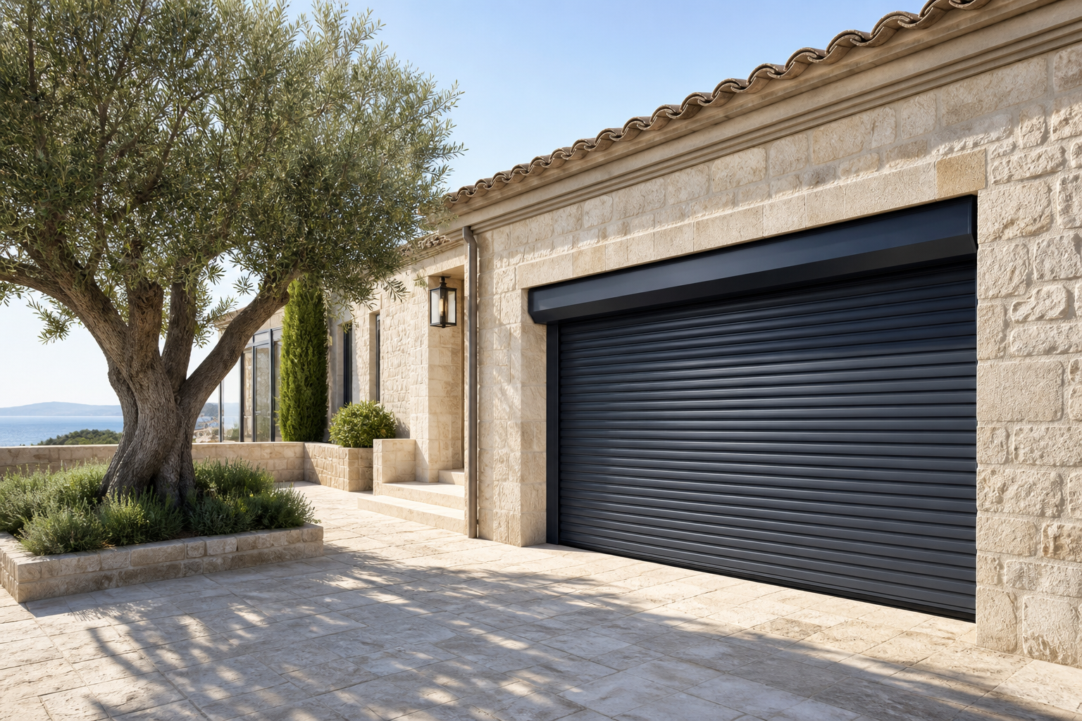 Porte de garage enroulable anthracite installée sur une villa provençale