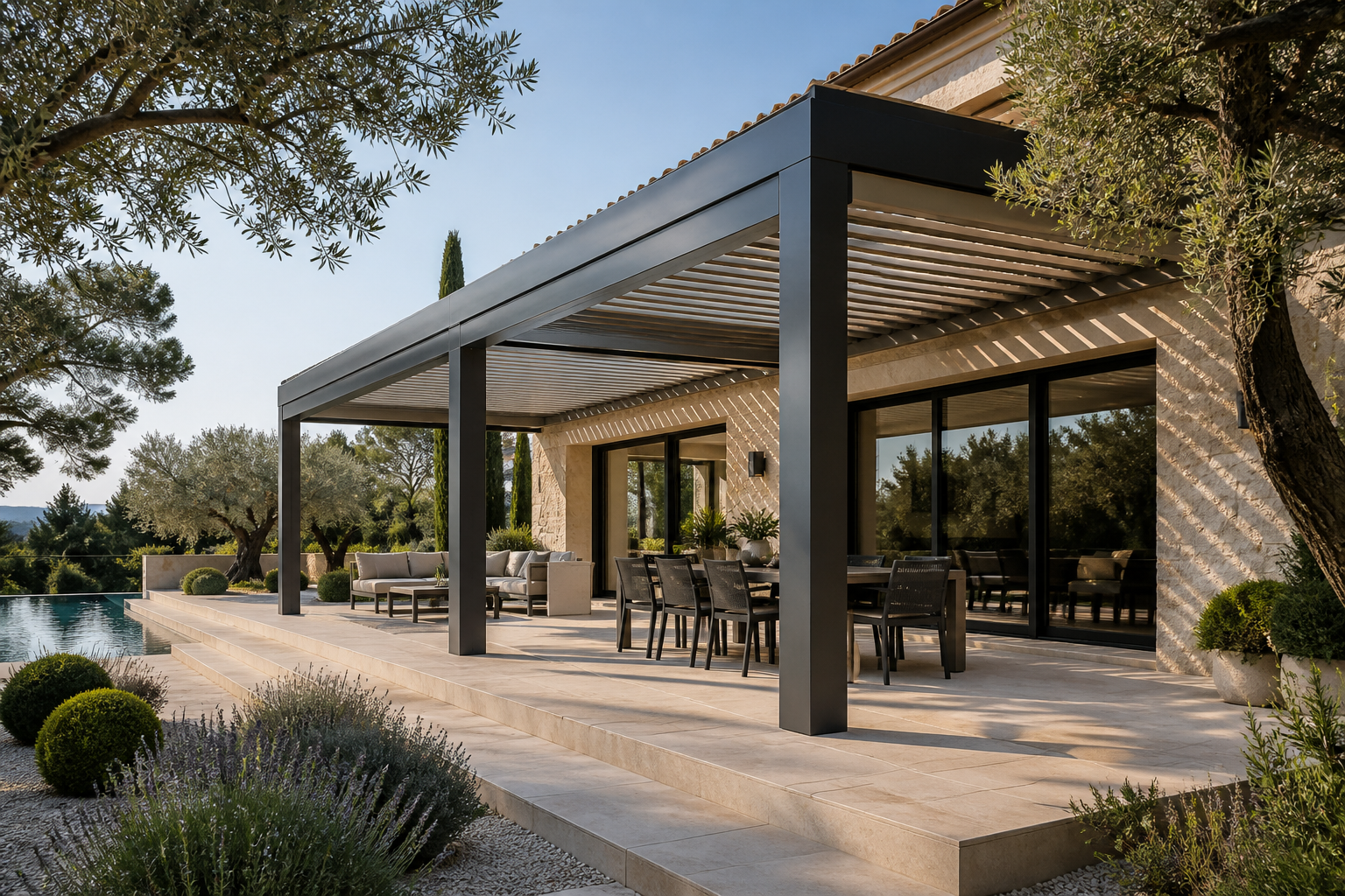 Pergola bioclimatique haut de gamme sur une terrasse méditerranéenne