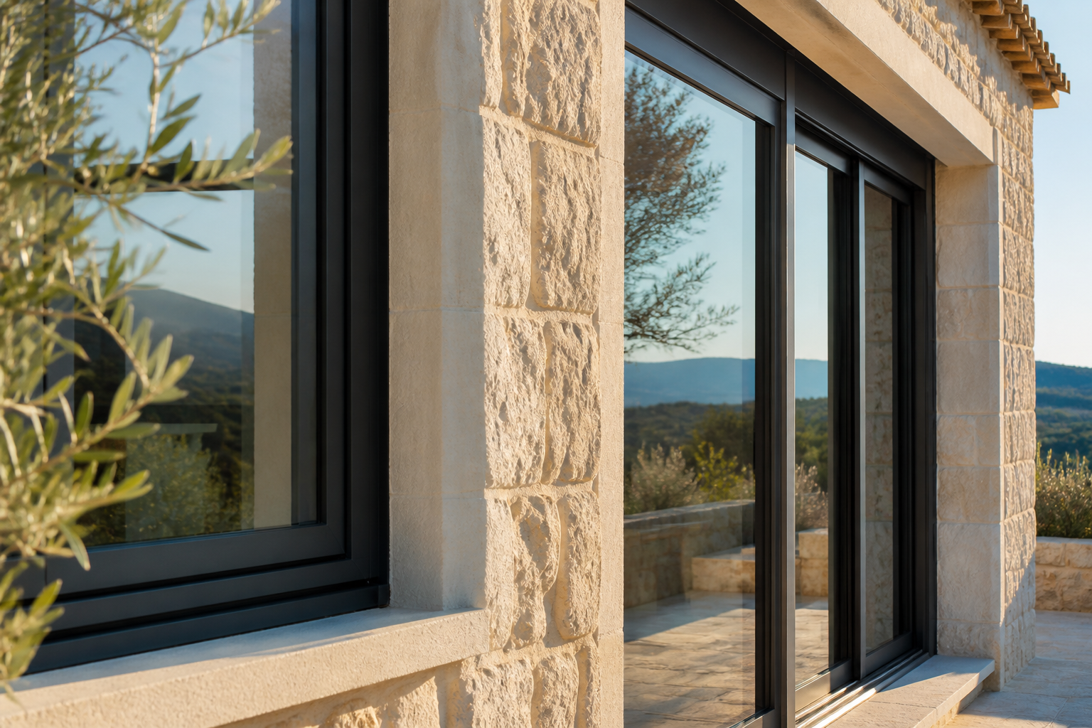 Détail de menuiseries aluminium installées dans une maison provençale en pierre