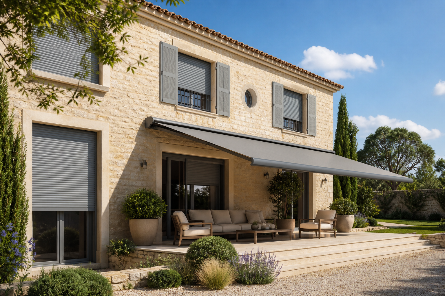 Store banne et volets roulants sur une villa en pierre claire